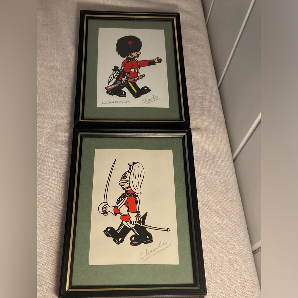 2 vintage print London Guard art caricature framed print British Royal Guard 70s